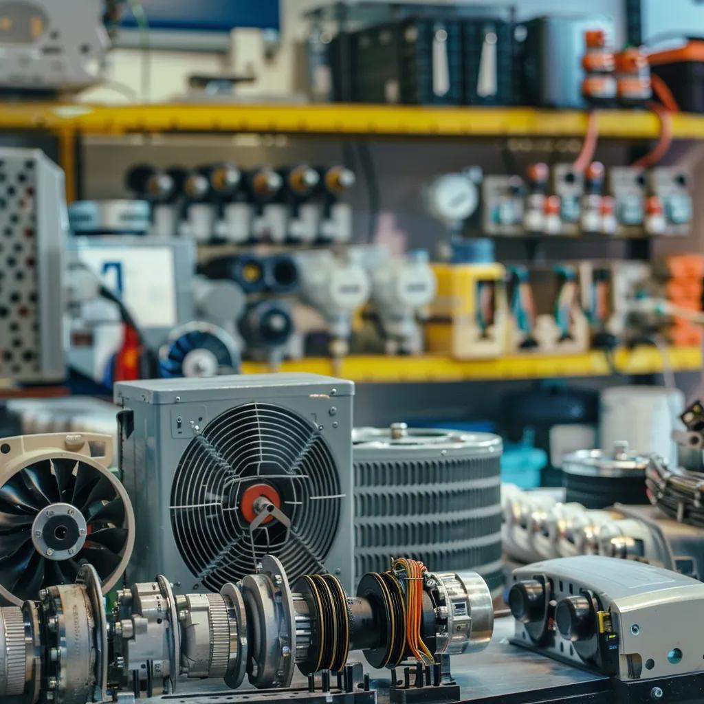 Display of cooling parts for air conditioning units including compressors and coils