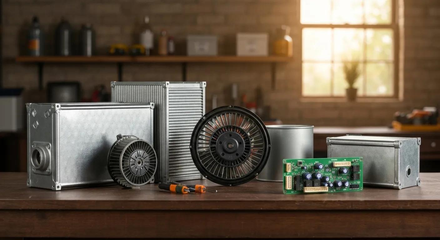 Key furnace parts for heating system repairs laid out on a workbench