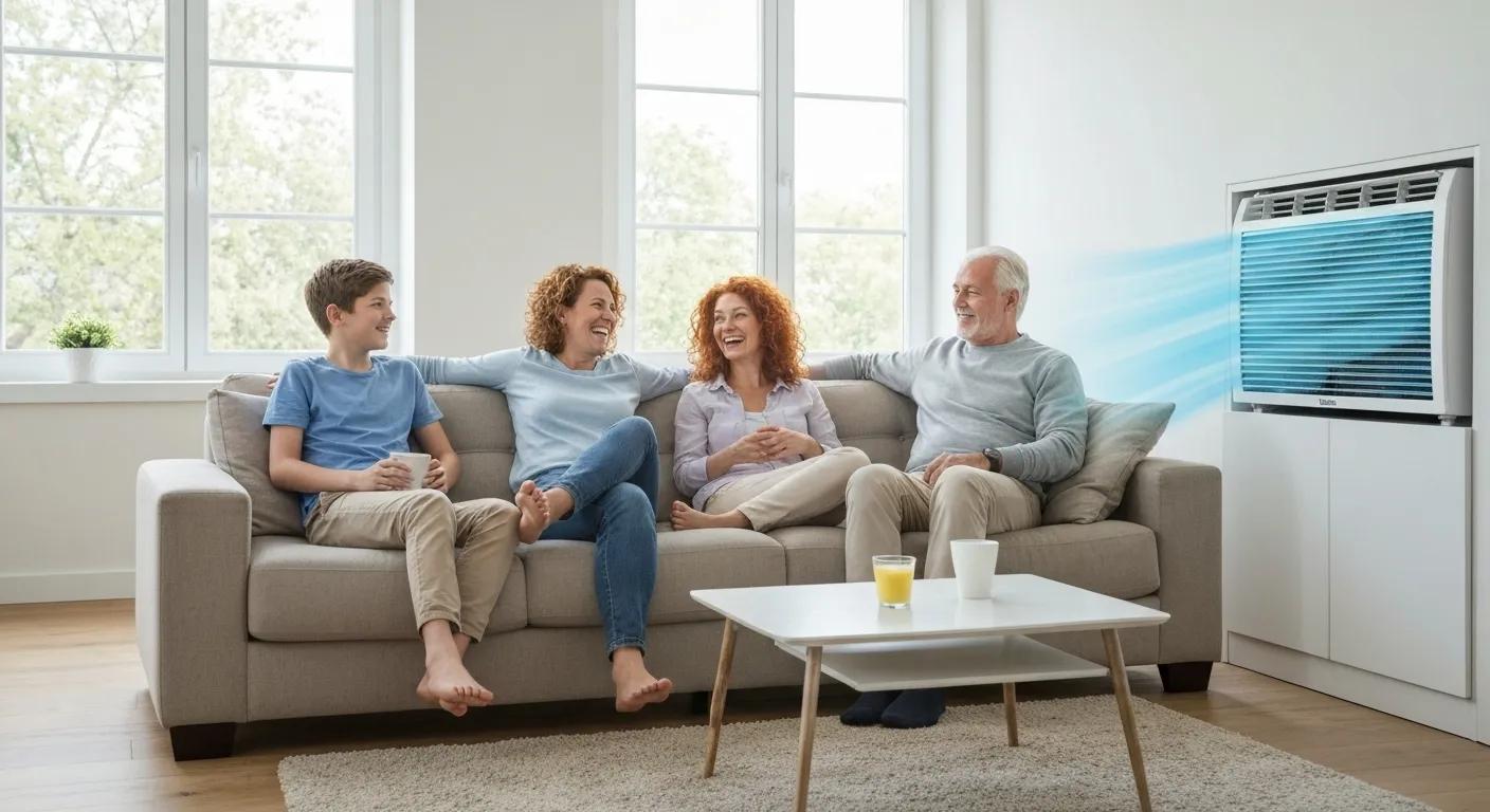 A family enjoying a perfectly comfortable indoor atmosphere thanks to a quiet and efficient Oxbox air conditioner in a bright living room.
