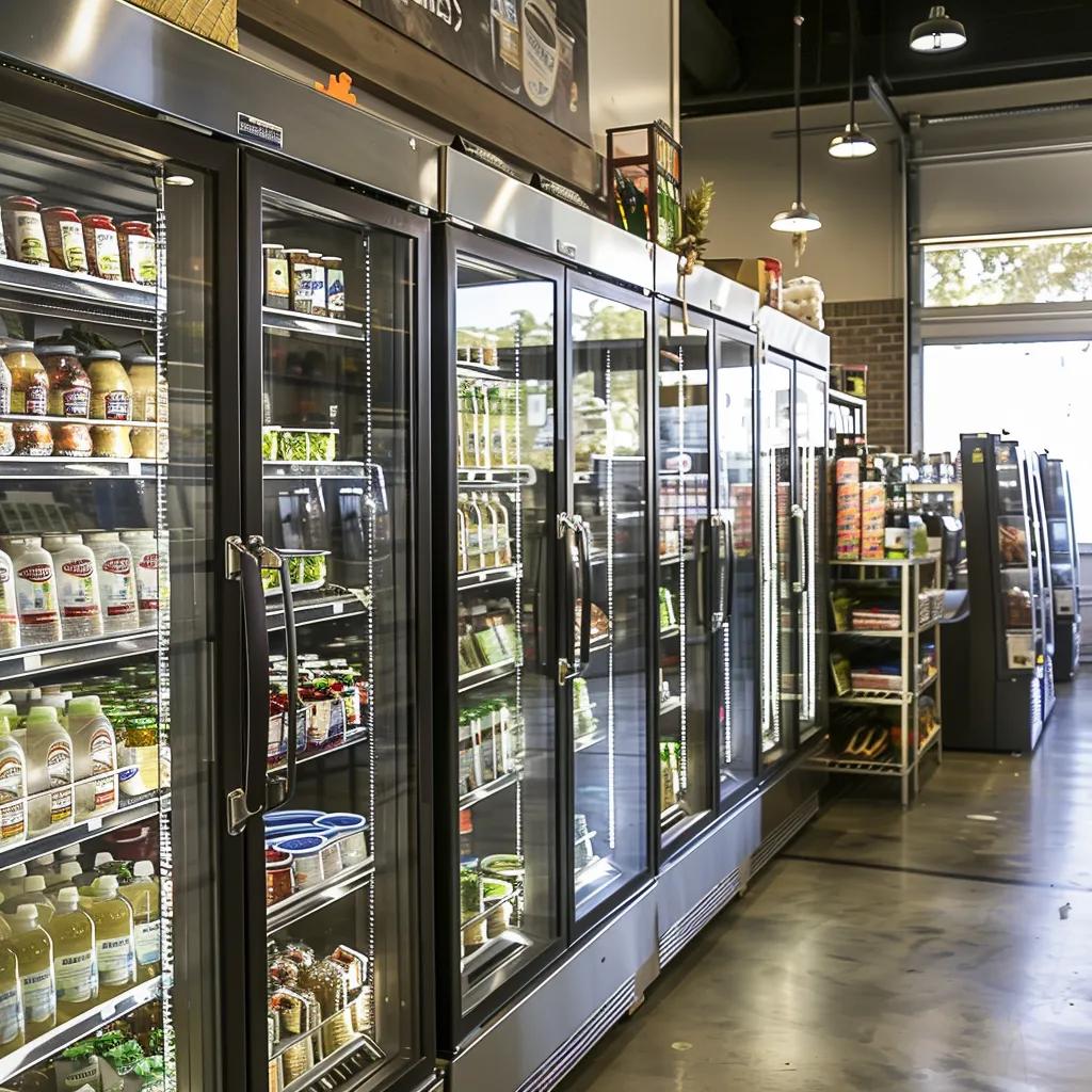 Showroom display of commercial refrigeration equipment including refrigerators and freezers