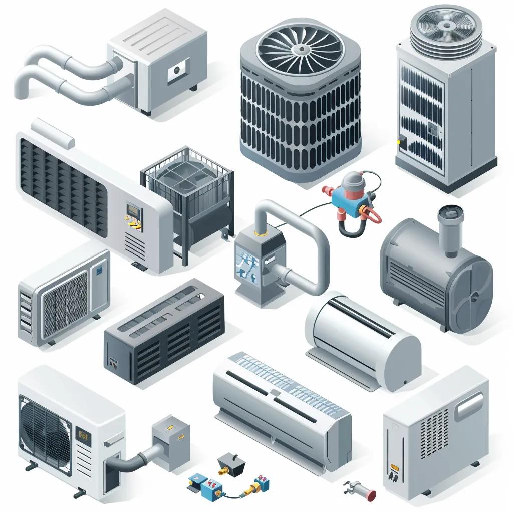 Variety of HVAC equipment including gas furnaces, air conditioners, and heat pumps