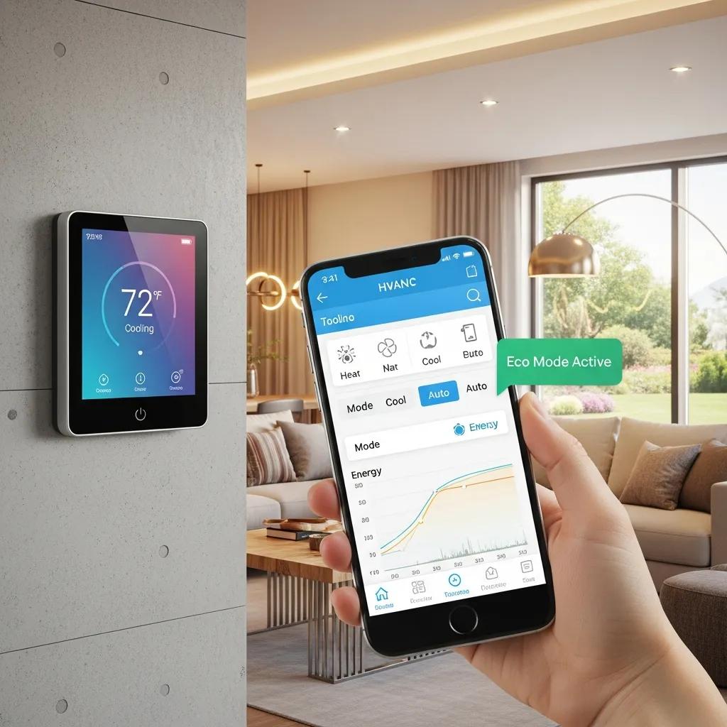 Smart thermostat and smartphone control in a modern home, enhancing HVAC comfort