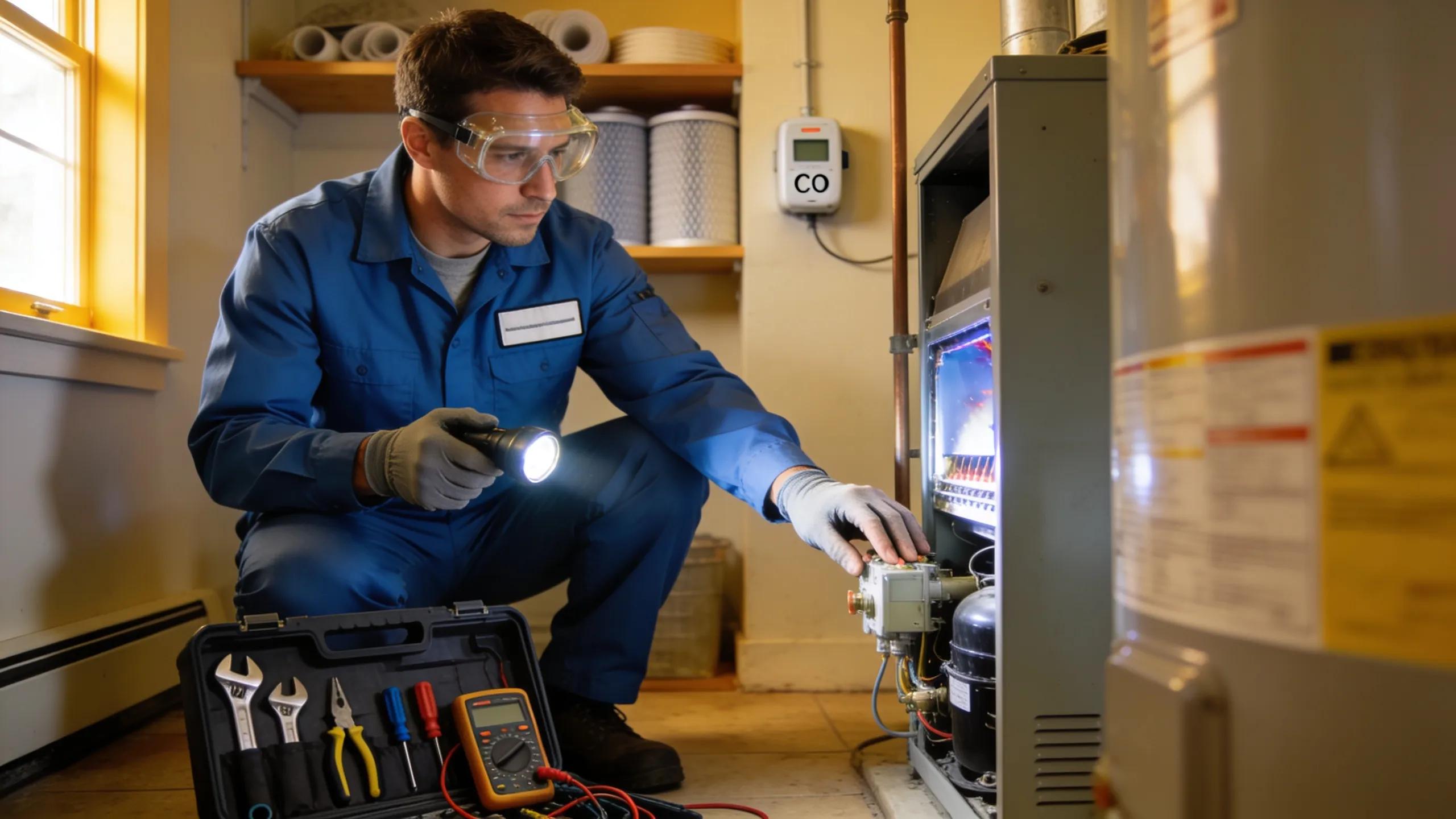 Technician conducting furnace maintenance, illustrating key benefits of HVAC service for safety and energy efficiency