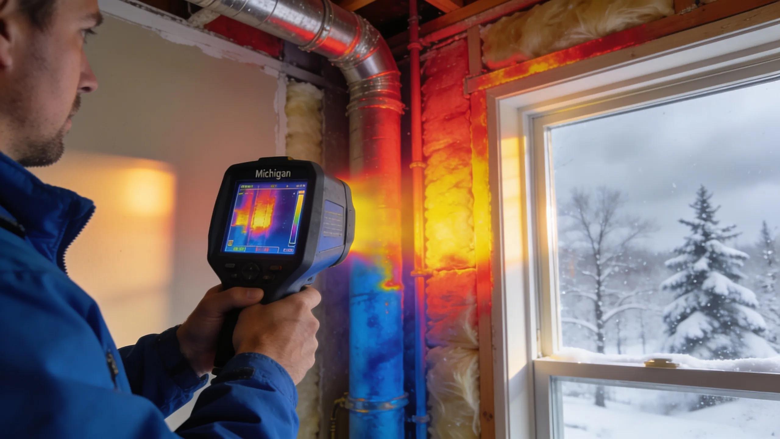 Inspector conducting a home energy audit with thermal imaging to detect air leakage