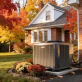 Michigan home exterior with fall leaves and HVAC equipment, symbolizing preparation for winter heating
