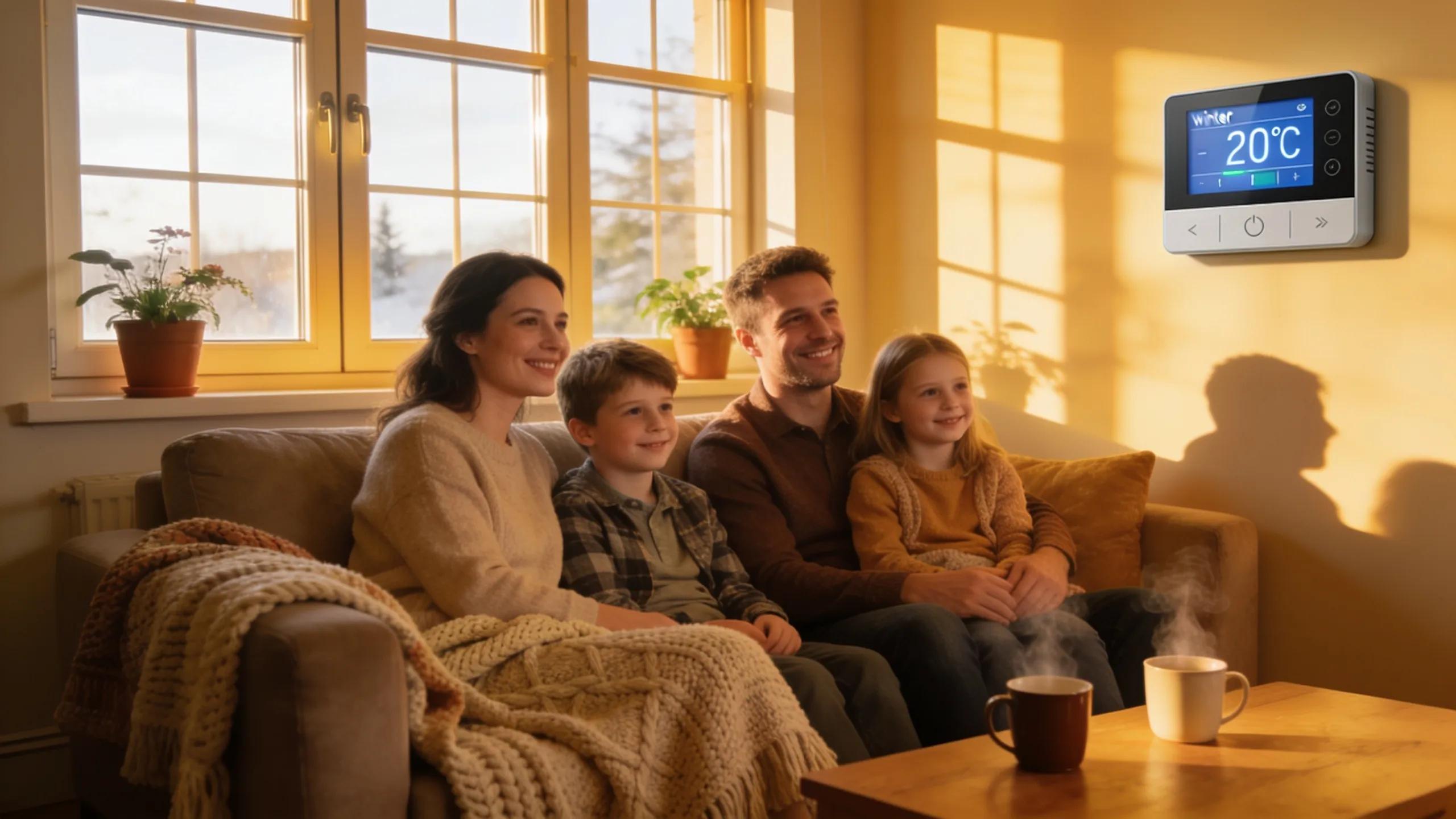 Family enjoying a cozy living room with energy-efficient features, emphasizing winter heating savings and comfort