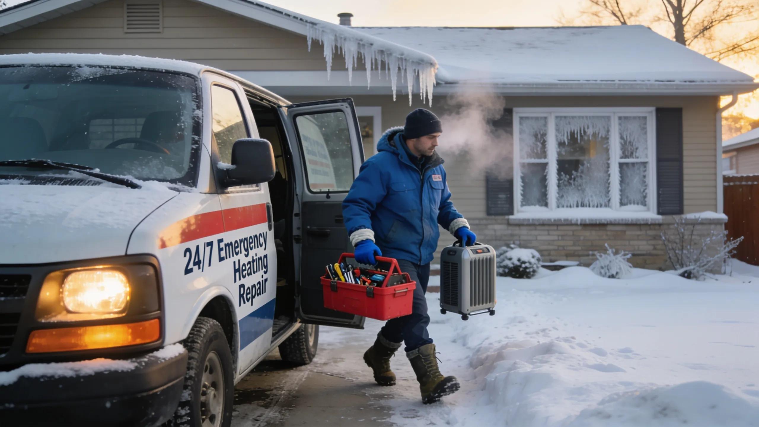 Technician arriving for emergency heating repairs in snowy Detroit, emphasizing rapid service availability