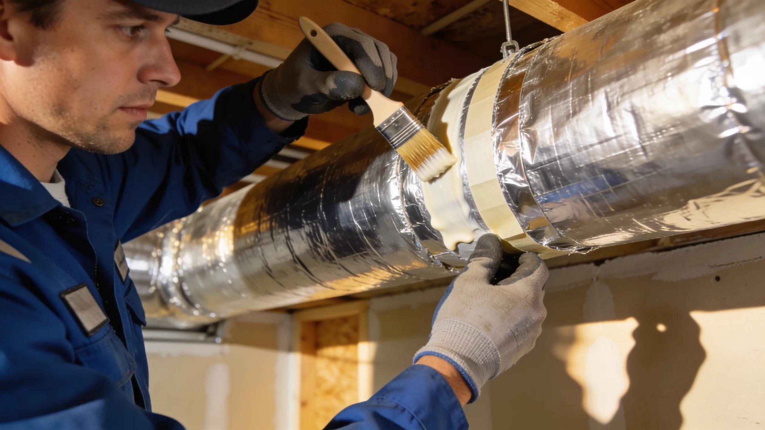 HVAC technician sealing ducts to improve energy efficiency and reduce heat loss