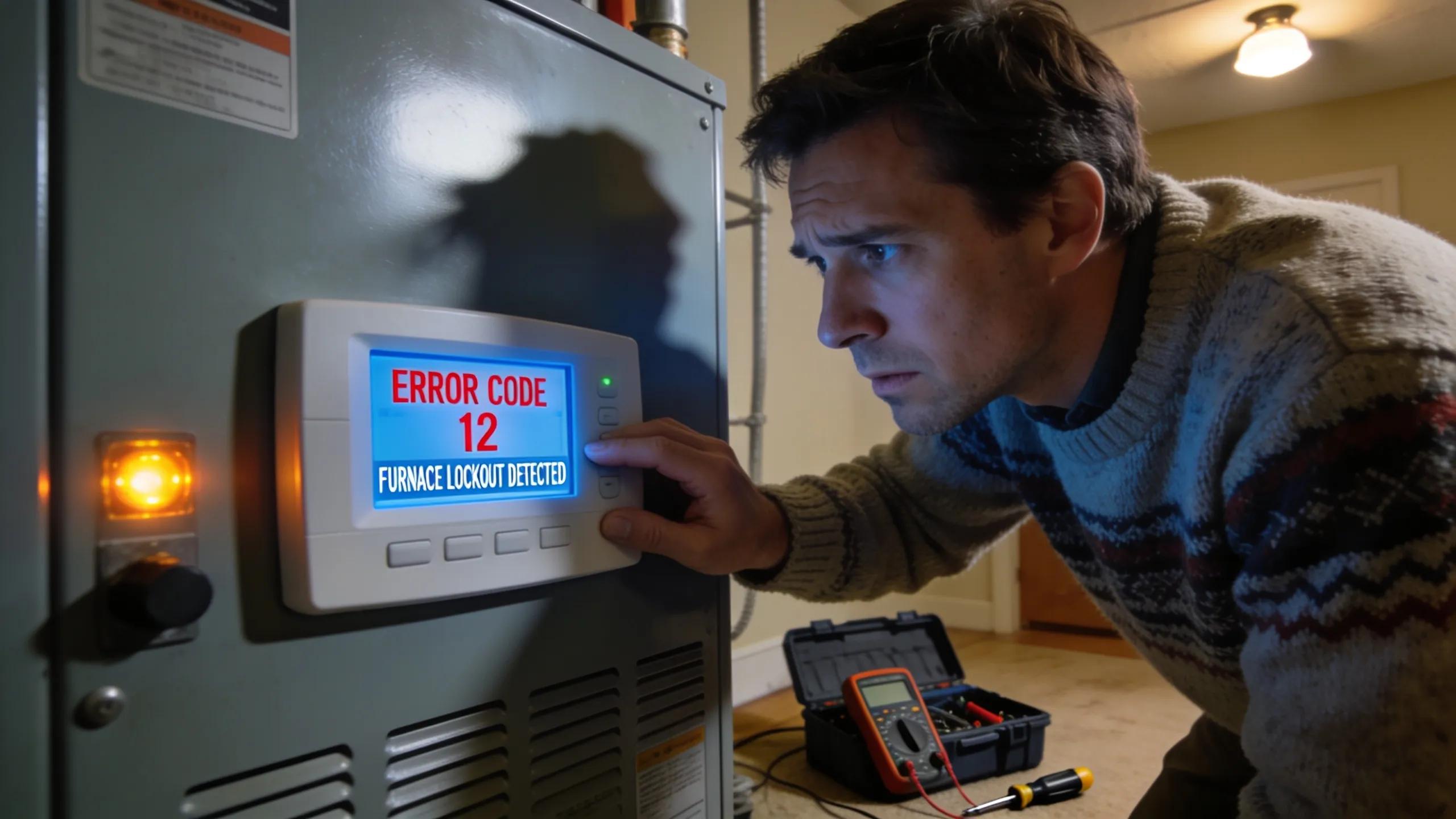 Homeowner observing thermostat error codes indicating furnace lockout symptoms